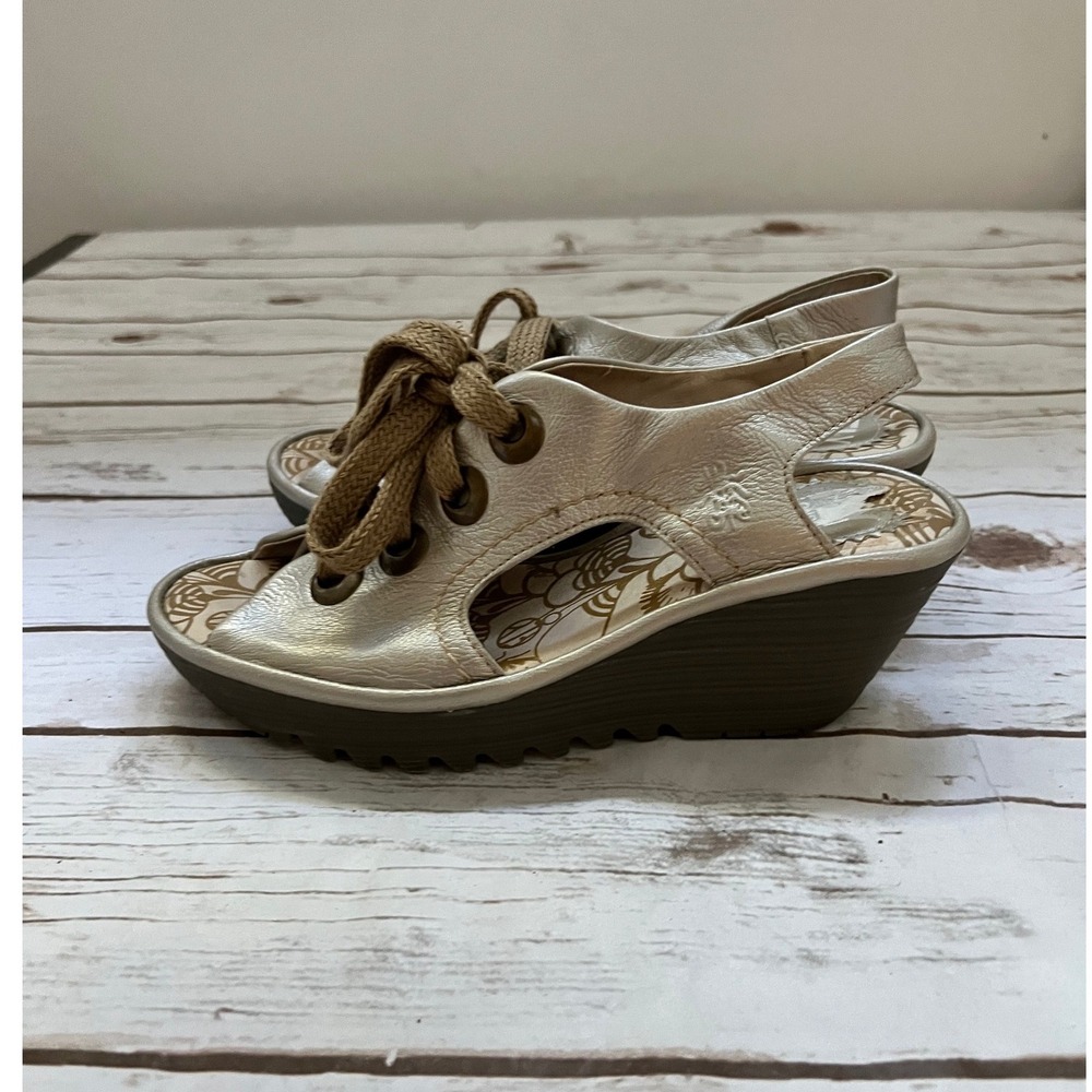 Fly London Yala Wedge Sandals Metallic Gold Leather Lace Up 38